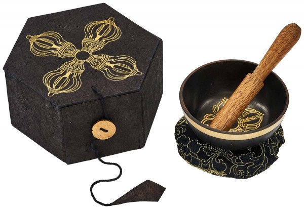   Singing bowl, gift set cast metal, Ø 7cm, black coated, ornamented